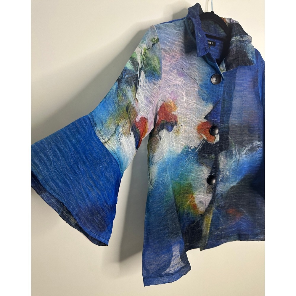 Damee Abstract Art to Wear Sheer Textured Button Up Jacket Topper Blue Medium - Picture 4 of 12